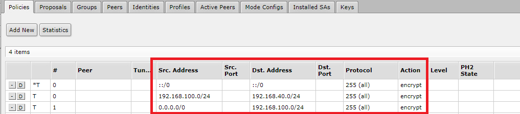 a screenshot of Mikrotik Router /> <p>3. Go to <strong>IP >> IPsec >> Profiles</strong></p> <ol style=