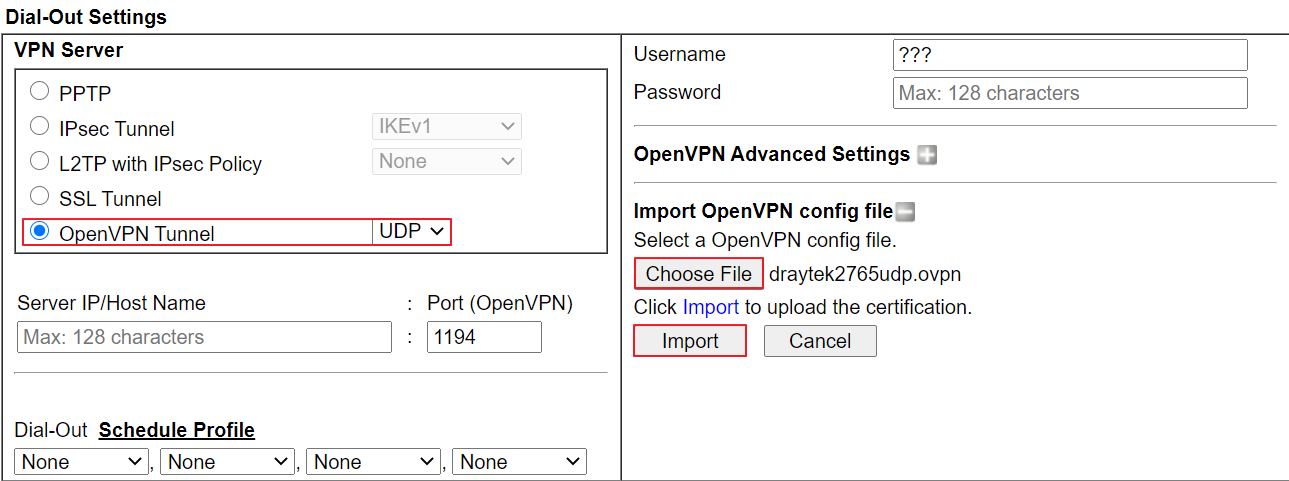 import the openvpn config to the client router