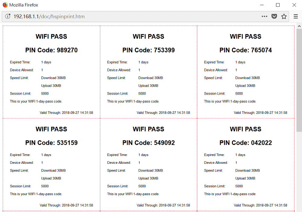снимок экрана со списком PIN-кодов точки доступа