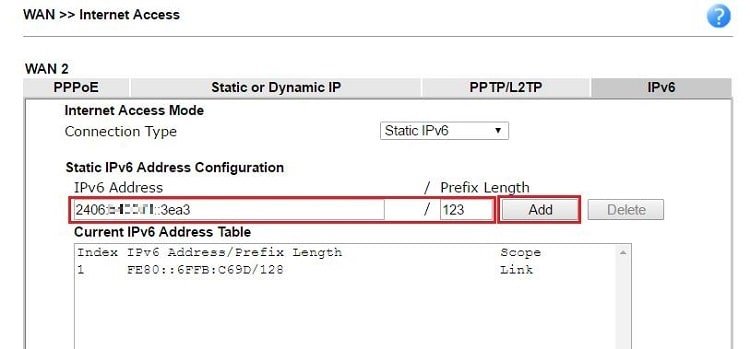 a screenshot of Statsic IPv6 Setup on DrayOS
