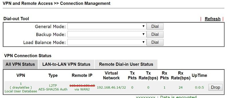 снимок экрана состояния подключения DrayOS VPN