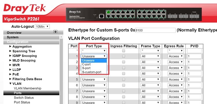 скриншот конфигурации порта VLAN VigorSwitch P2261