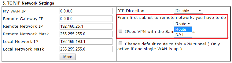 скриншот опции DrayOS NAT / Route в VPN