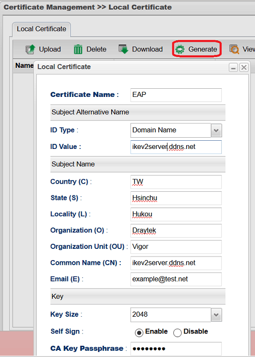 скриншот создания локального сертификата на Vigor3900