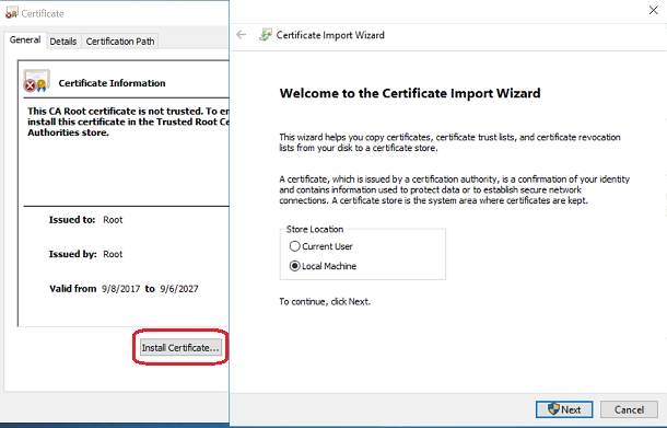 скриншот установки сертификата Windows