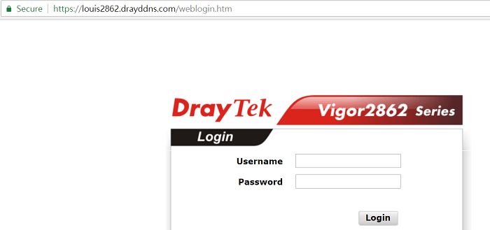 снимок экрана браузера, открывающего страницу веб-управления Vigor2862, и он показывает безопасное соединение HTTPS в адресной строке