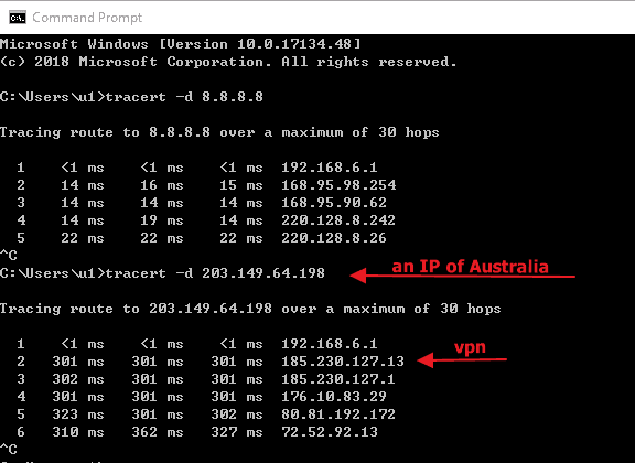 a screenshot of cmd running command tracert