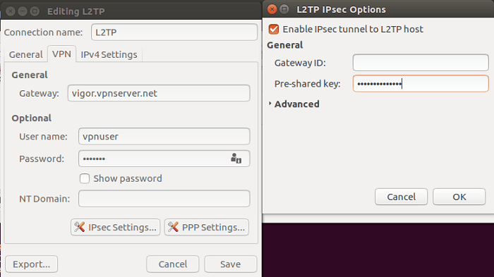 скриншот настроек Ubuntu L2TP