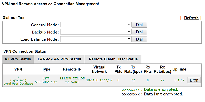 скриншот статуса подключения DrayTek VPN