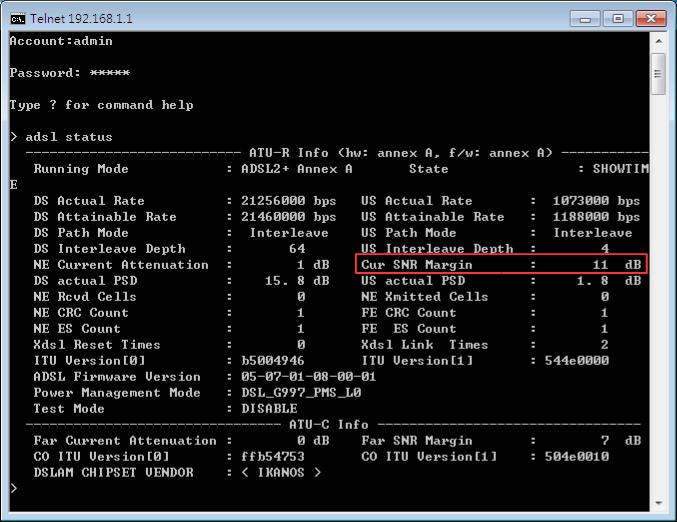 adsl status showing in command-line interface