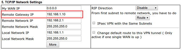 снимок экрана IP-адреса удаленного шлюза в настройках сети TCP IP маршрутизатора Vigor