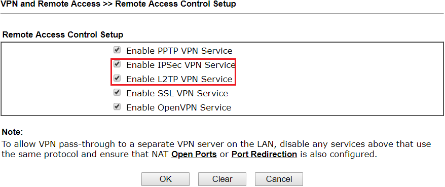 скриншот страницы управления удаленным доступом DrayOS VPN